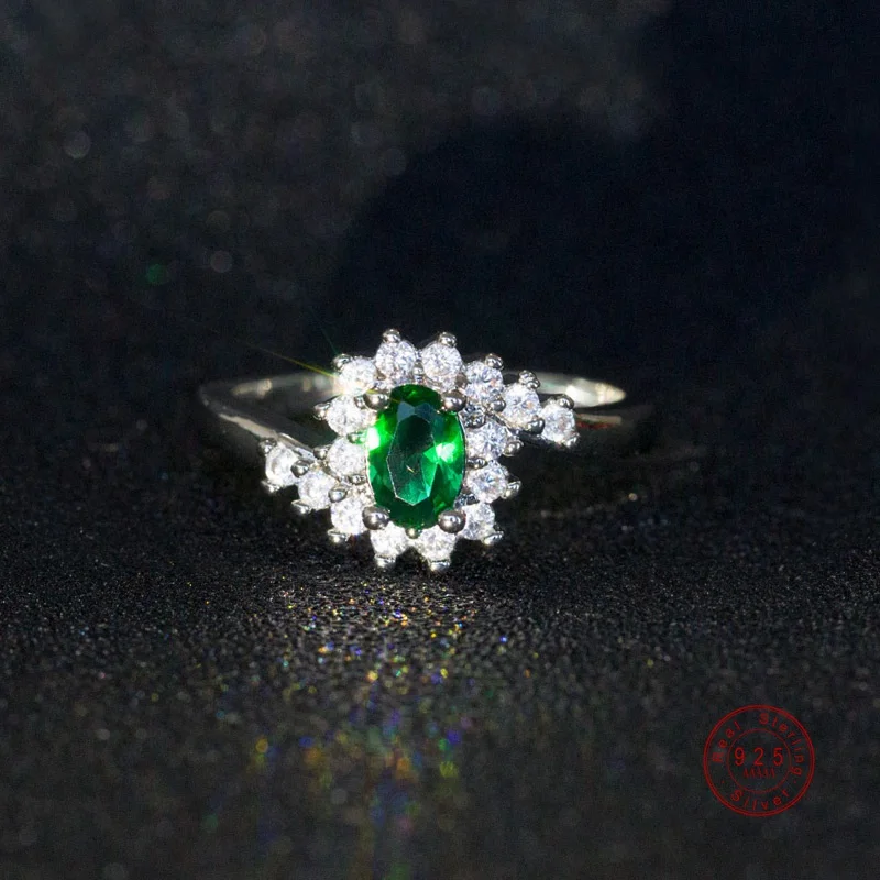 Green Серебряные кольца из натуральной 925 пробы для женщин, элегантное обручальное кольцо с овальной огранкой из кубического циркония, размер 6, 7, 8, 9, 10, 11, Bague Femme - Цвет основного камня: Green