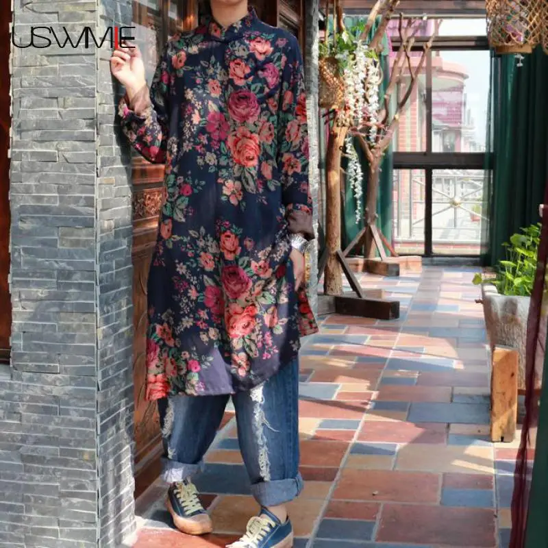 

Осеннее платье в стиле ретро с удобной подошвой популярного цвета, с косой пуговицей, с длинным разрезом, со стоячим воротником, свободные, у...