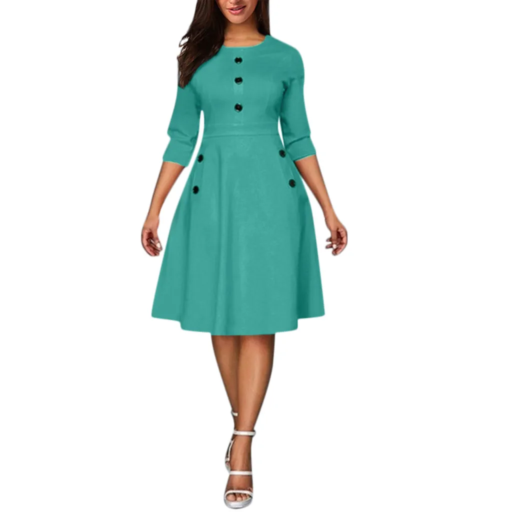 Summer Lady seven-point Sleeves Retro Solid Color Button O-neck A Line Dress Large Size Loose Casual Fashion Party Office | Женская