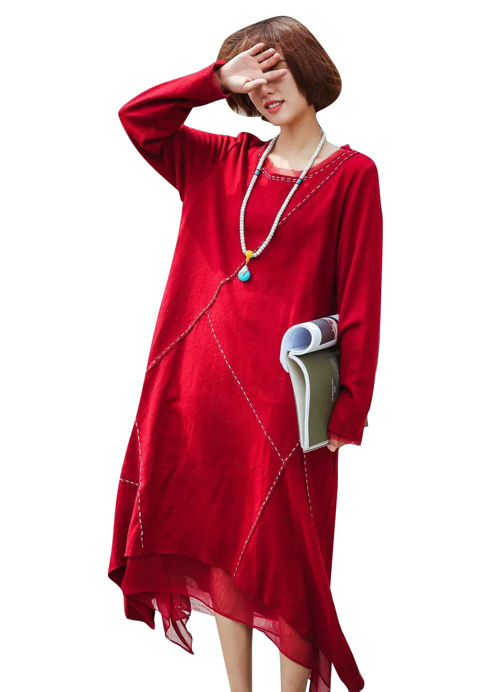Yesno AD5 женское длинное свободное шерстяное платье макси с длинным рукавом ручной