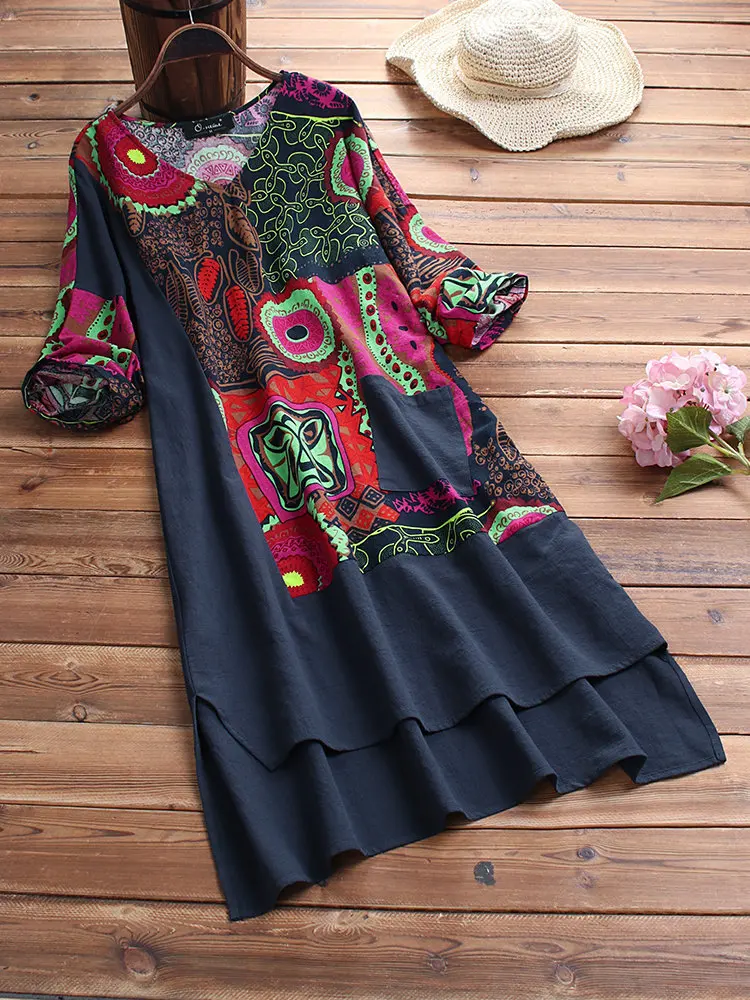 

L-5XL 2019 Summer Large Size Women's Dress Casual Cotton and Linen Print Retro Irregular Dress Half Sleeve Plus size Loose Dress