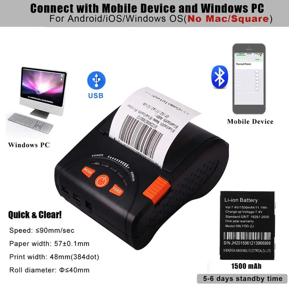 IssyzonePOS Bluetooth термопринтер мобильный мини 58 мм Портативный чековый ручной пос USB принтеры для Android IOS системы IMP001