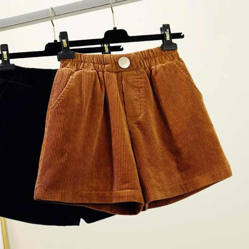 Fall Winter Fashion Woman Lady Korean Wide Leg Khaki Black Corduroy Shorts Casual Autumn Spring Female Loose | Женская одежда
