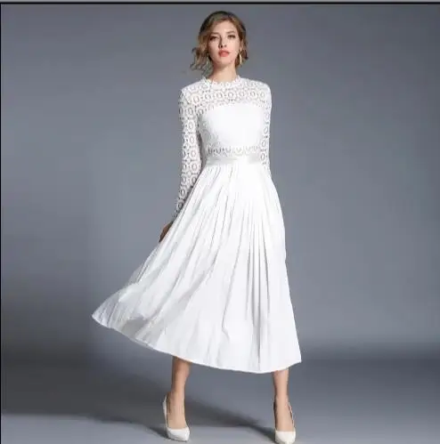 2018 осень Для женщин Кружево лоскутное плиссированные платье макси Vestidos работать