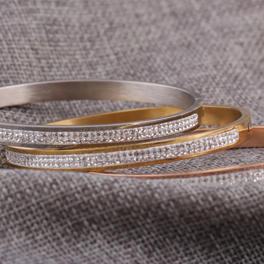 Скидки предложение ограничено Мода Armbanden Voor Vrouwen браслет-напульсник, высочайшего качества, два ряда со стразами Нержавеющая сталь любовь Браслеты& Браслеты для женщин
