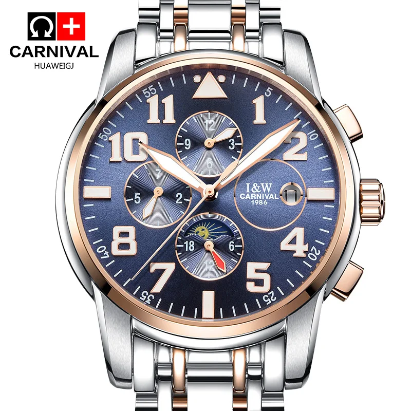 Роскошные Мужские автоматические механические часы Carnival Moon Phase светящиеся из