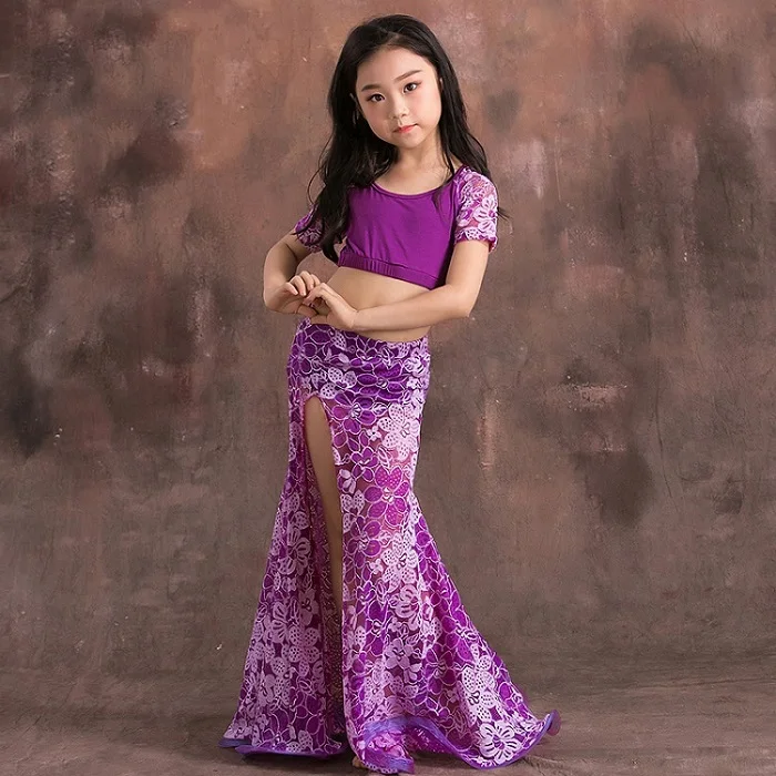 Purple Костюм для танца живота, индийское платье для девочек, восточные костюмы, кружевные топы, длинные юбки, праздничная одежда Болливуда DN2281 - Цвет: Purple