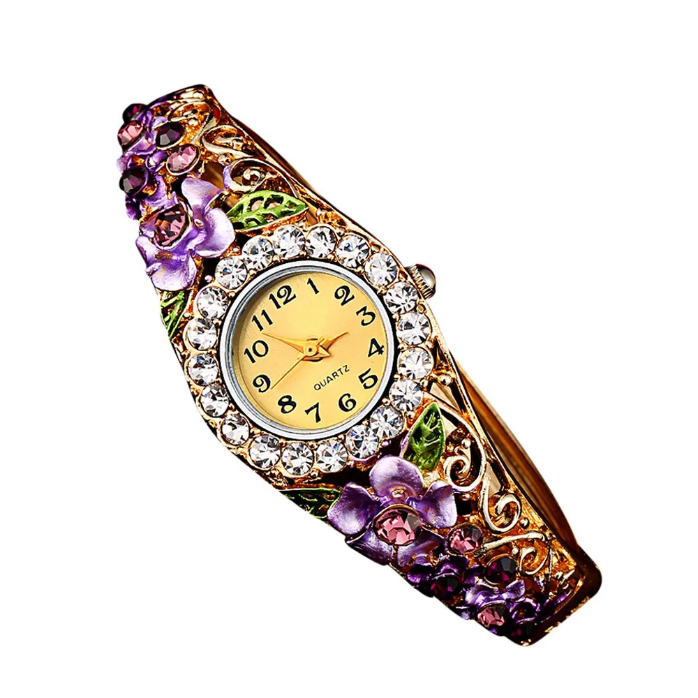 Purple Montre, роскошный браслет с цветами, часы для женщин, сплав, ремешок для часов, кварцевые часы, женское платье, Кристальный циферблат, наручные часы для девушек# Zer - Цвет: Purple