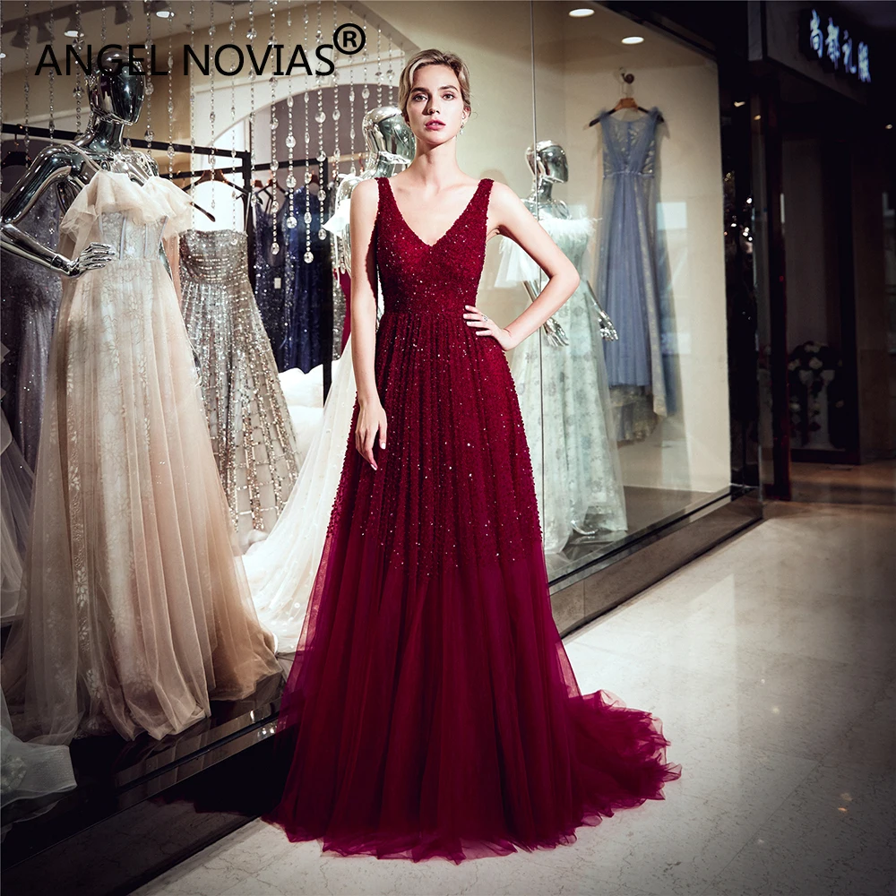 

ANGEL NOVIAS Long Burgundy Beads V Neck Women Abendkleider Evening Dresses 2018 Backless floor length evening gown
