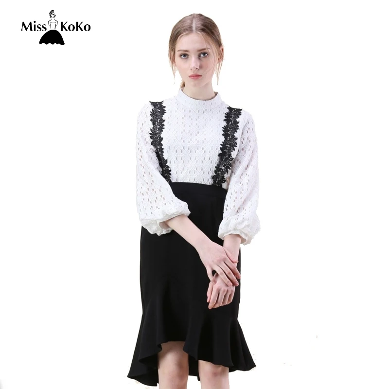 Misskoko Women Floral Lace Strap Solid Black Fishtail Skirt Office Lady High Low Frills Waist Bodycon | Женская одежда