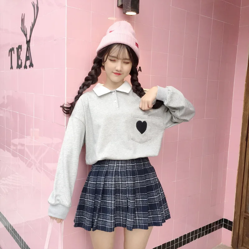 Милая хлопковая Футболка для девочек с вышивкой в виде сердечек Harajuku, Модные свободные женские топы с отворотом, рубашка с длинными рукавами, милая розовая Студенческая футболка