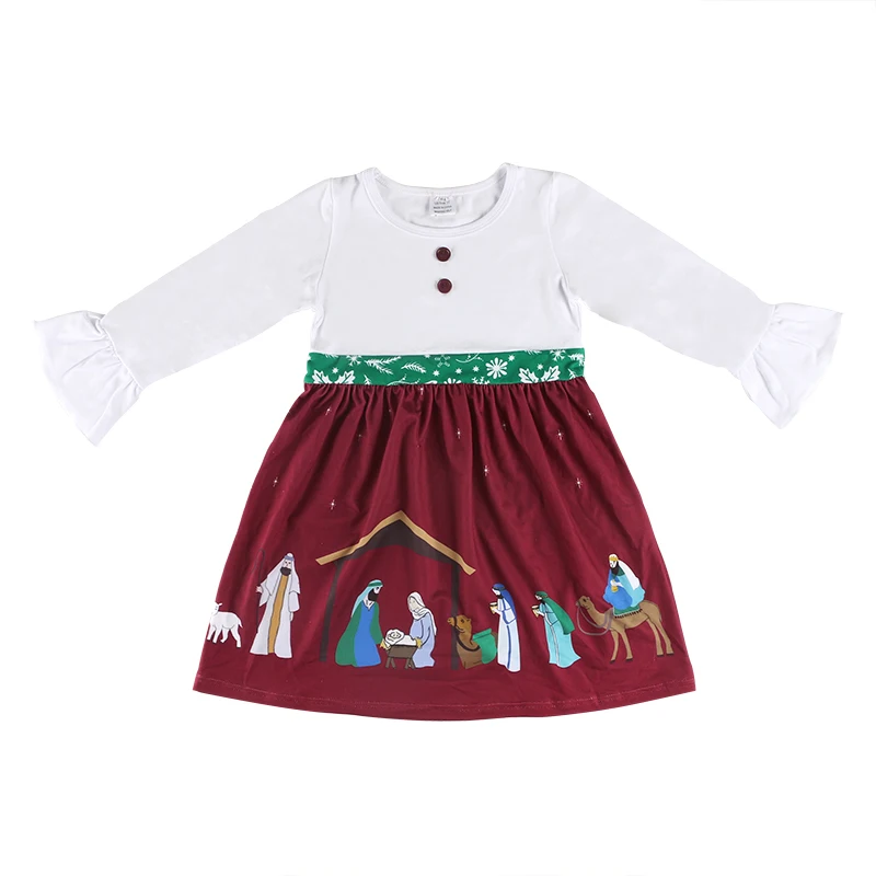 

Kaiya Angel Princess Toddler Girls Fashion Dress White Long Sleeve Ruffles With Cartoon Print Bottom Kids Antumn Style Clothes