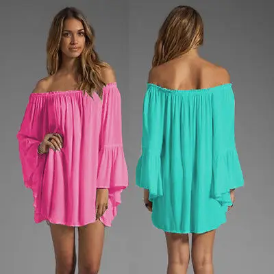 Dresses Vestidos Robe Dress Sale Plus Size Maxi Women Sexy Long Ruffle Sleeve Blouse Tops Off Shoulder Tunic Mini Cover Up | Женская