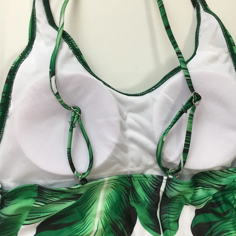 Новинка 2017 купальник с зелеными листьями Цельный высоким вырезом Женский Бандаж