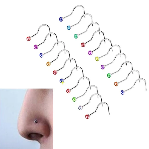 New Arrival 20Pcs Mixed Color Body Piercing Stainless Steel Rhinestone Nose Ring Bone Stud |
