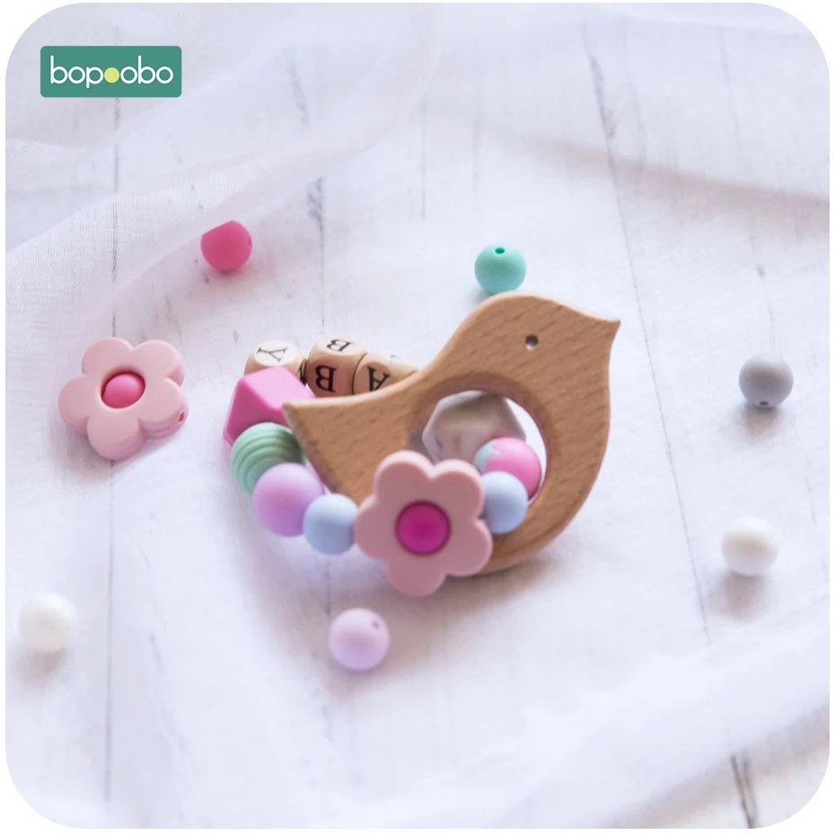 Bopoobo 1 шт. Beech Animal браслет для прорезывающихся зубов персонализированные Индивидуальные Детские имя силиконовые в форме цветка деревянные погремушки милые игрушки "Кролик" кольцо
