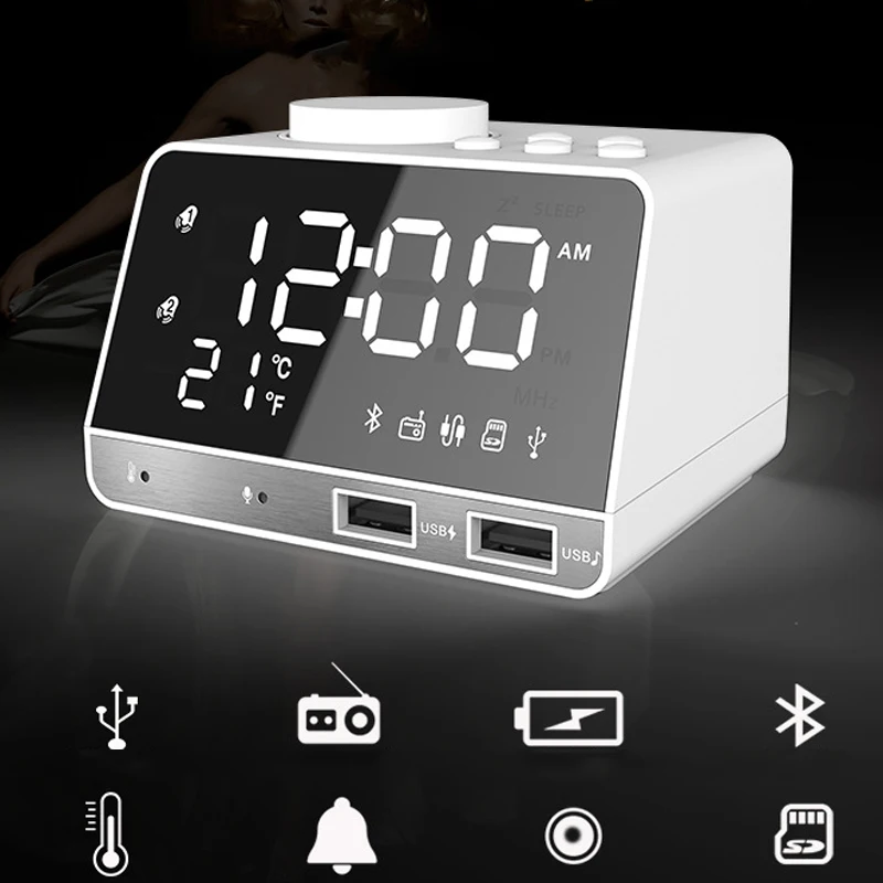 Цифровой Будильник Bluetooth динамик двойной usb порты светодиодный температурный