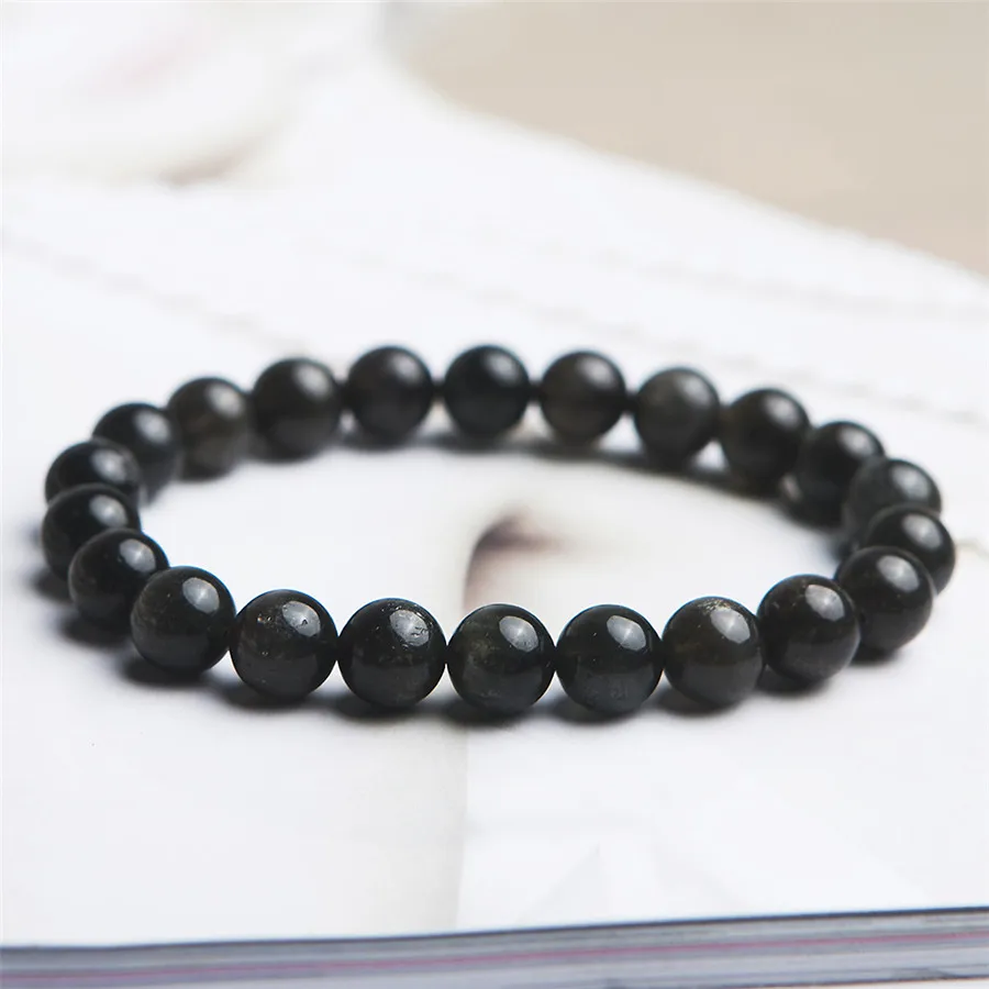 9 мм драгоценный натуральный черный Солнечный камень лунный кристалл стрейч