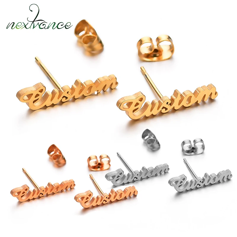 Nextvance 1 Pair Personalized Name Earrings Women Stainless Steel Customized Nameplate Stud Earring Gift Hip Hop Jewelry 3 color