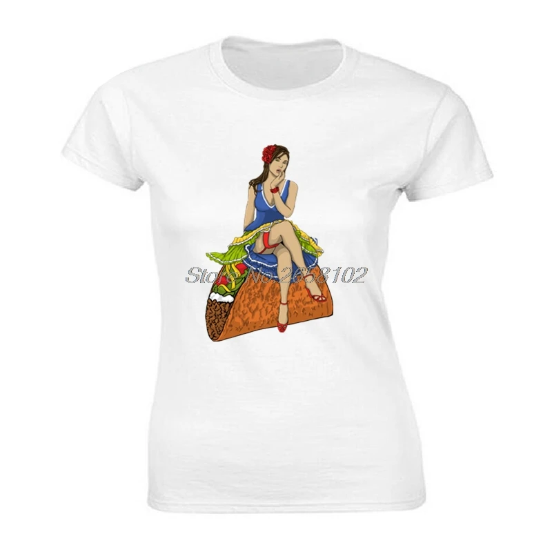 Женская футболка с рисунком из мультфильма Pinup Sit On A Taco Funky стильная для девочек
