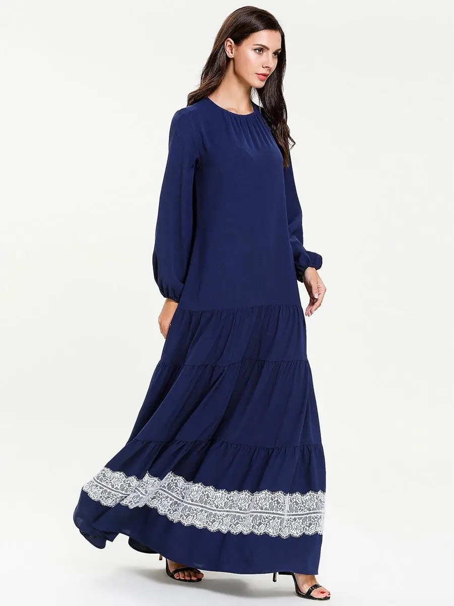 Модное женское многослойное платье abaya Дубай гофрированное мусульманское платье кафтан этнический халат кружева лоскутное исламское драпированное платье свободные платья