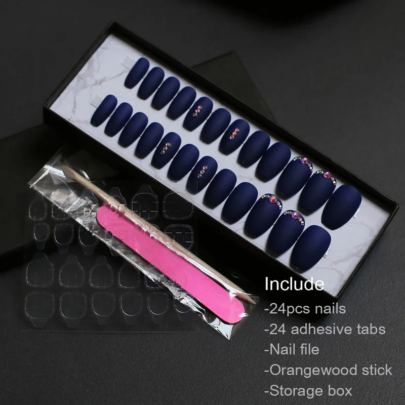 Box-nails Поддельные ногти гроб ювелирные изделия темно-синий полный набор блестящие AB алмаз накладные ногти балерина MqpQ ручной работы DIY матч ювелирные ногти - Цвет: Box-nails