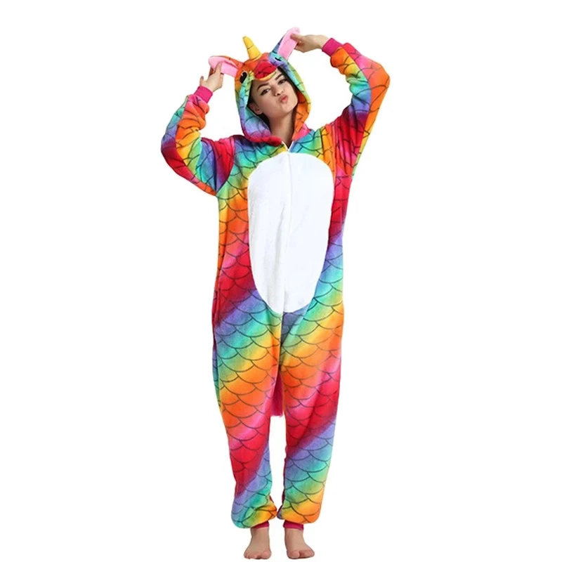 Fish scale unicorn 2 Единорог кигуруми Onesie взрослая Пижама женские пижамы животных наборы Панда Косплей пижамы единорог пижамы унисекс зимние комбинезоны - Цвет: Fish scale unicorn 2