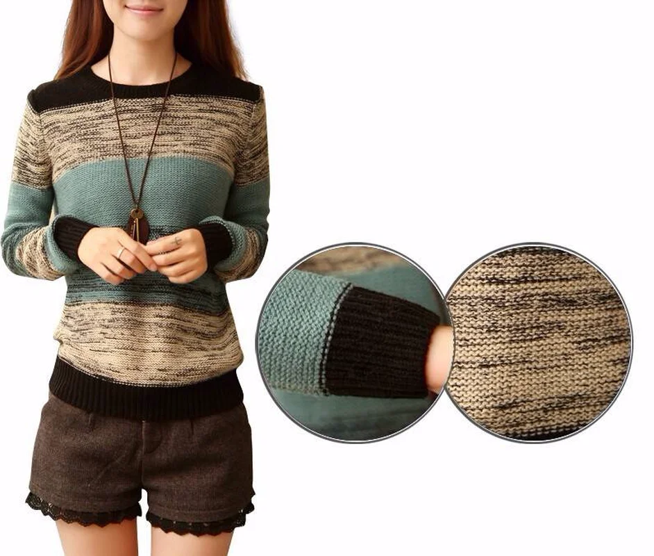 New Women Wool Pullover O-neck Stripe Long sleeve Loose Knitted Vintage Sweater | Женская одежда