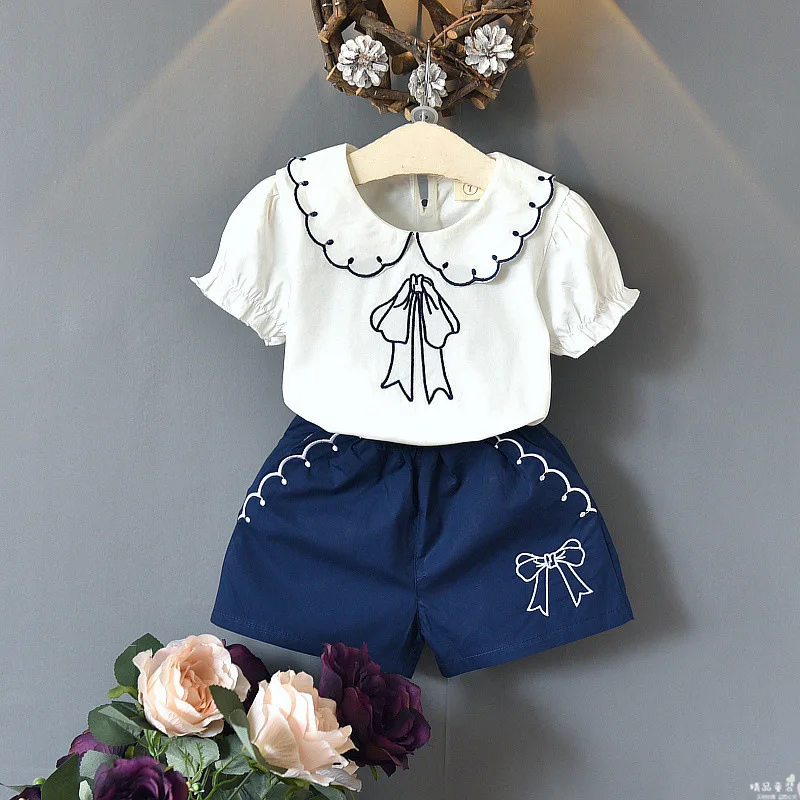 

Children Sets Kids Baby Clothes Summer Girls Suits With Bow Short-sleeved T-shirt Shorts Two-piece Clothing Fashion Set
