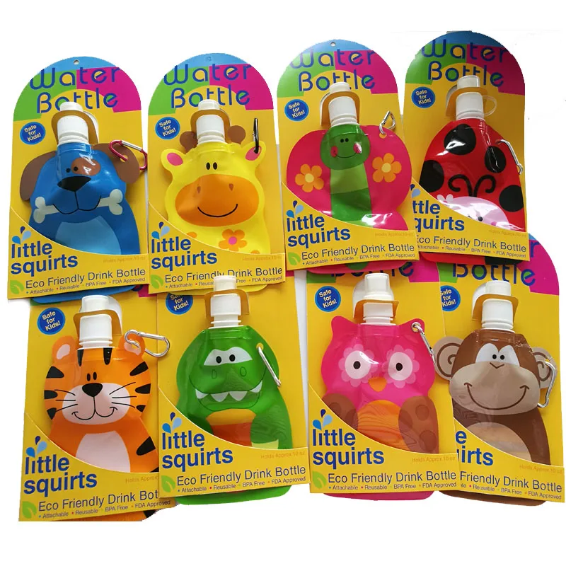 

200ml Eco Friendly Foldable Cartoon Animal Water Bag Travel Drink Bottle Safe for Kids Children Gift 20pcs/lot SH228