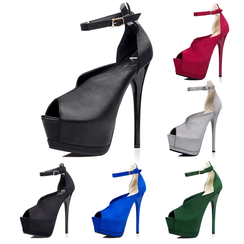 Женская мода Насосы 14.5 СМ Высокие Каблуки Сандалии Пряжка Ремешка Peep Toe Обувь