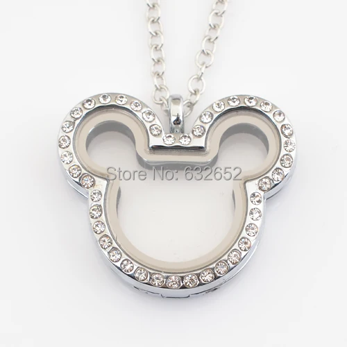 

10pcs/lot, New arrive High polished magnetic floating lockets, cute Mickey lockets with stones FN0040