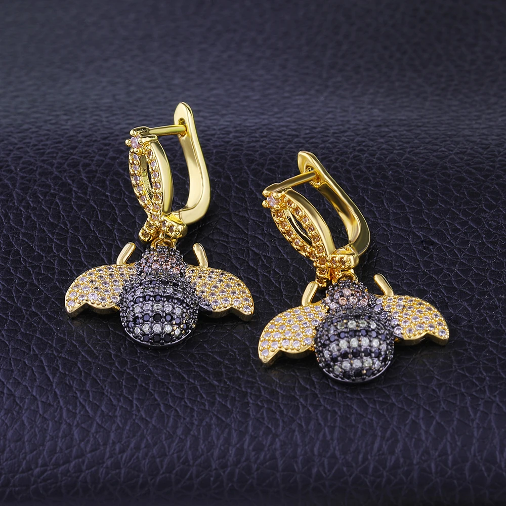 Трендовые Роскошные Кристальные пчела, жук, серьги для женщин, Micro Pave CZ, Модные Позолоченные циркониевые серьги в виде насекомых, ювелирные изделия