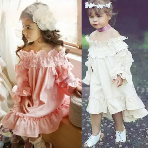 New Kid Baby Girl Lace Dress Ruffled Off Shoulder Latern Long Sleeve Pageant Princess Party Children Summer Sundress |