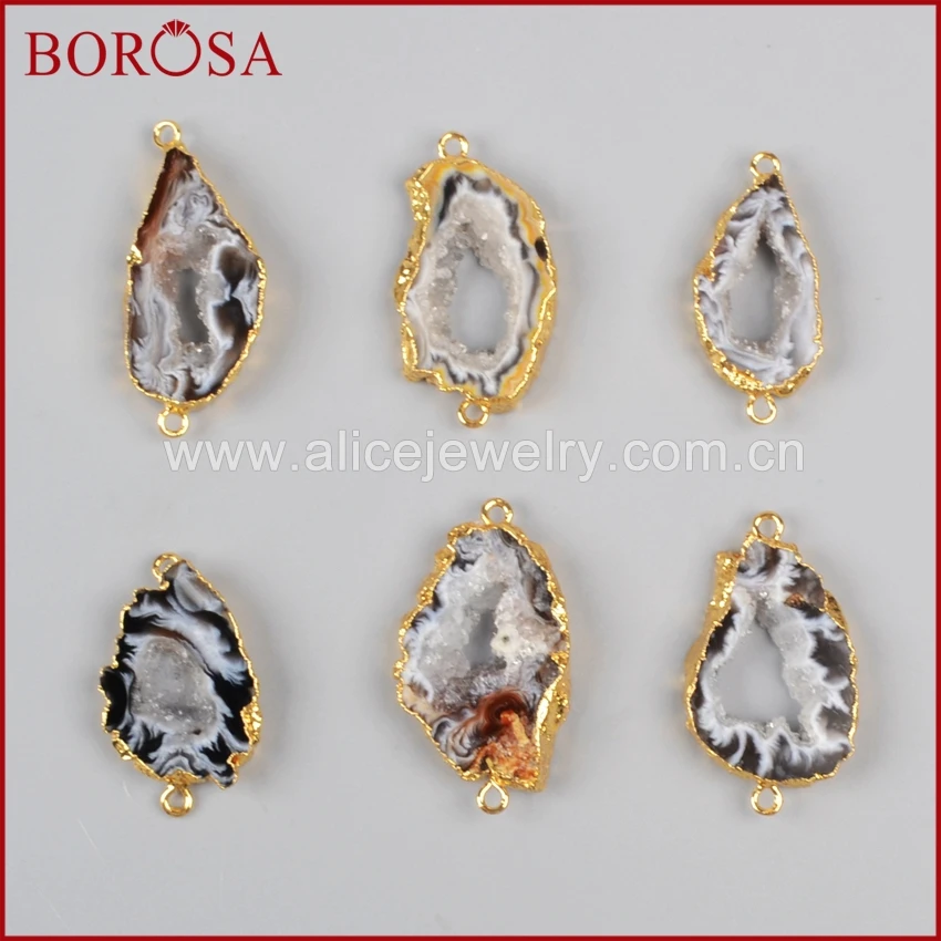 

BOROSA New Free-form Natural Onyx Stone Slice Connector Double Bails Druzy Stone Slice Jewelry Gold Plated Connector Drusy G0952