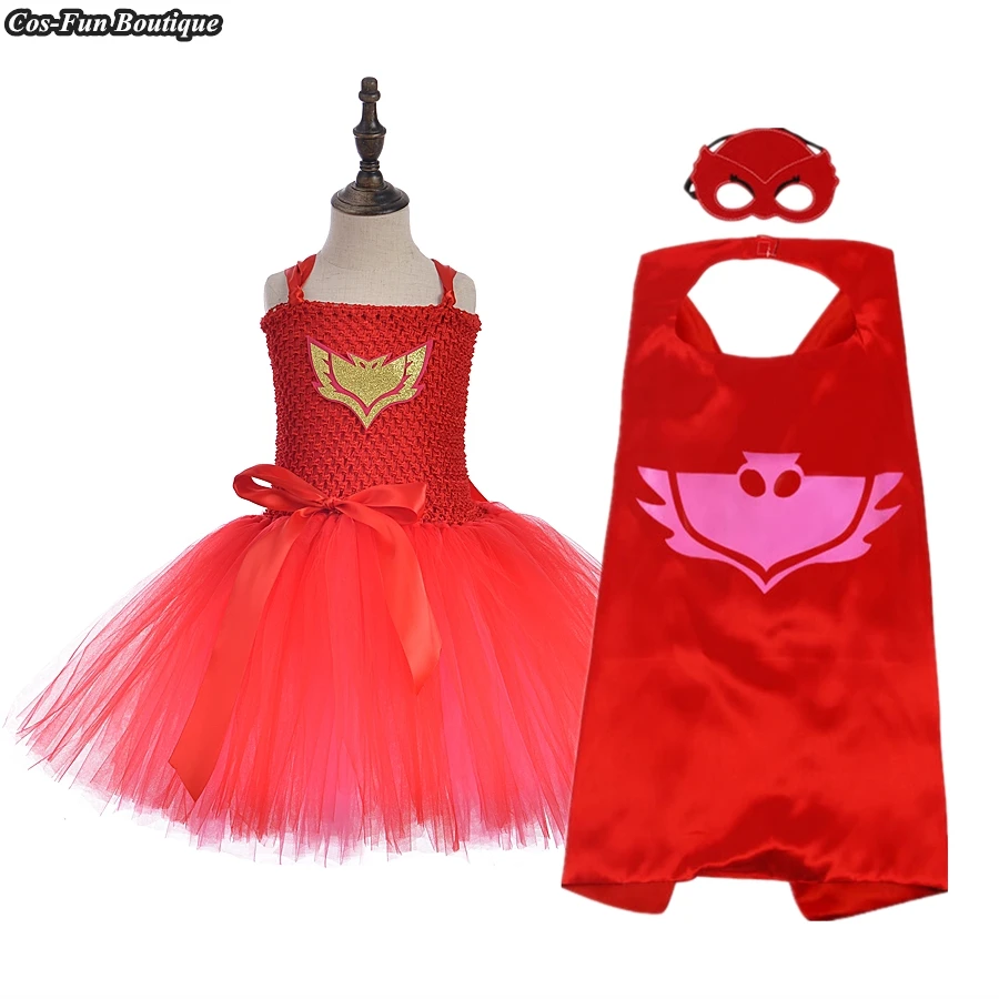 [Masked LITTLE HERO] [Owl Girl] Cos Tutu Dress Set Hero Costume Kids Princess Fluffy Gauze Red Birthday Party Outfit | Детская одежда и