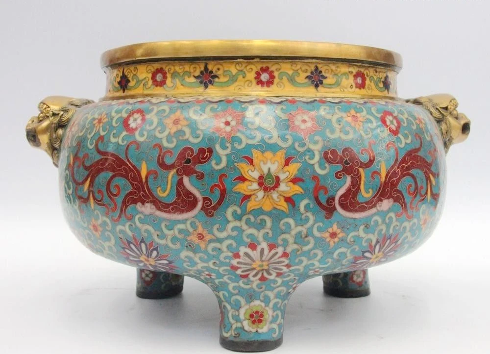 

Tibet Buddhism Bronze Cloisonne Foo Dog Dragon Play Bead Incense Burner Censer