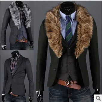 2015 Free shipping Fashion Slim Fit Mens Suit Blazer Coats Jackets Removing fur collar woolen suit casual two button | Мужская одежда