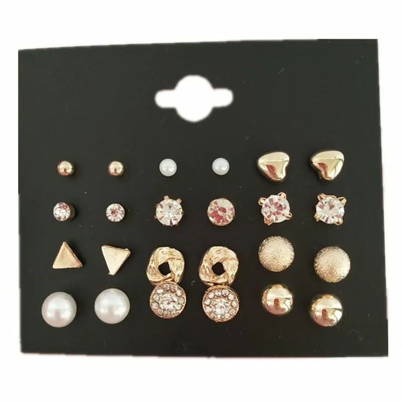 SexeMara Korea Style 12 Pairs Sets Round Square Ball Alloy Crystal Stud Pearl Earrings For Women Hot-selling Cute Earring | Украшения и
