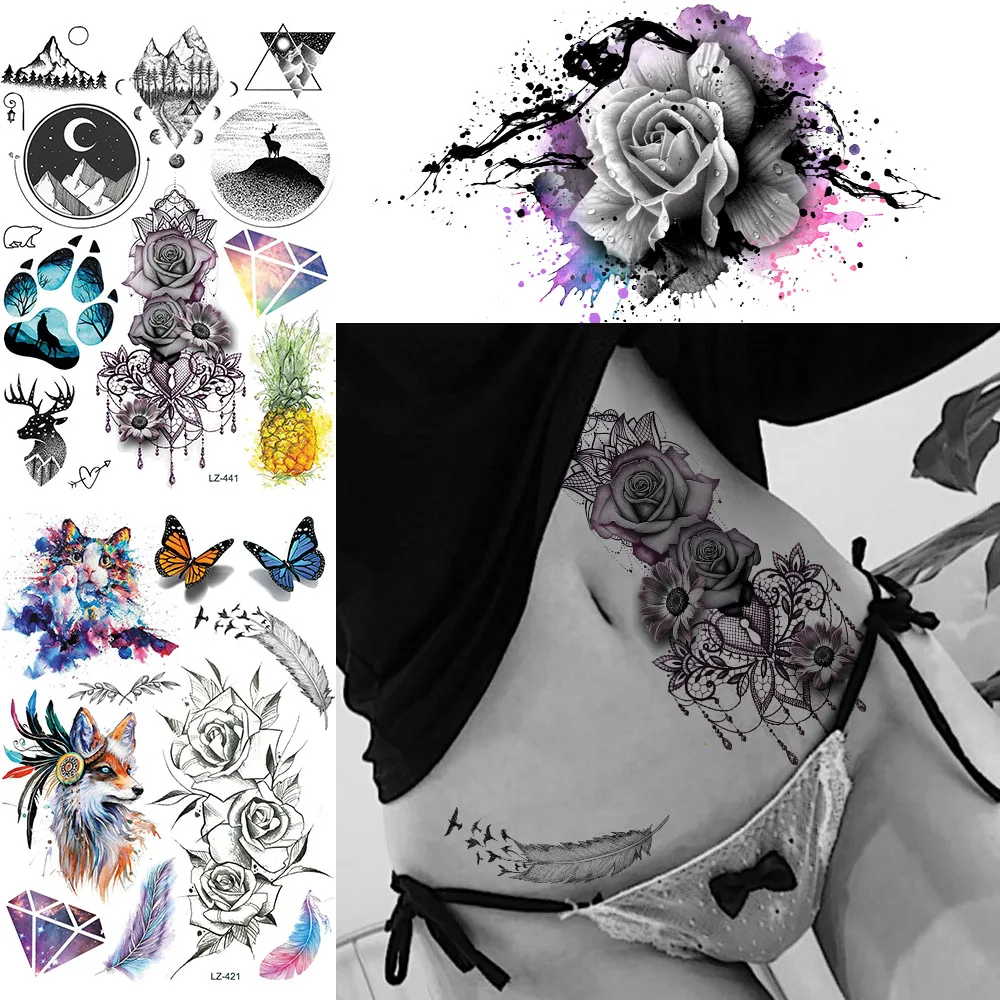 

Временные татуировки Большой розы для женщин и девушек, искусственные ювелирные изделия с большими цветами, водостойкие бумажные татуиров...