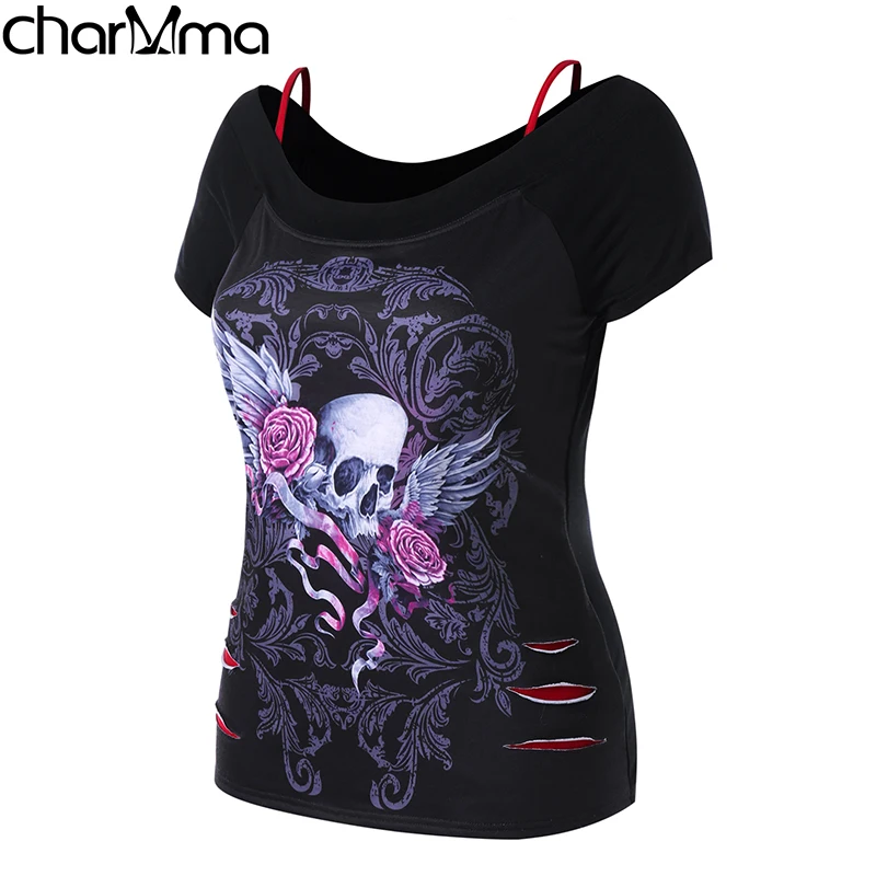 ROSE GAL Plus Size Skull Floral Ripped T-Shirt Women T Shirts Casual Summer O Neck Short Sleeves T-Shirts Tops Big XL 5XL | Женская
