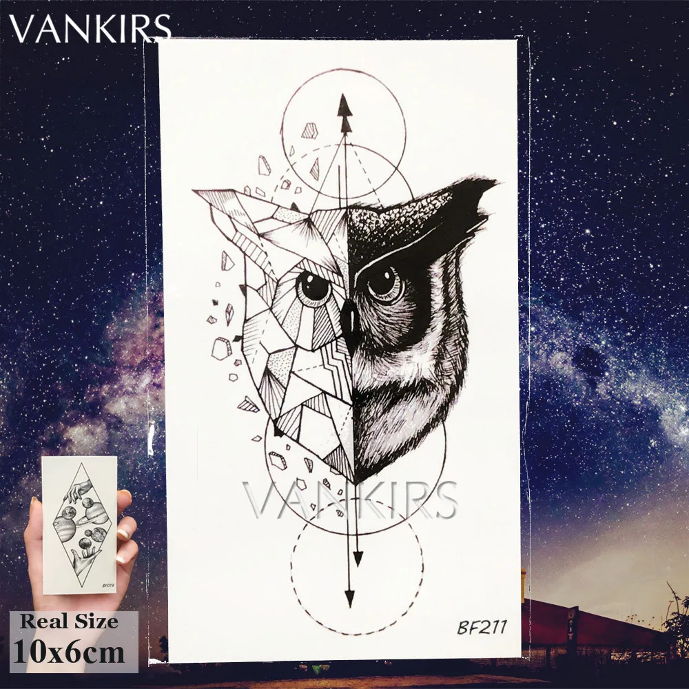 VANKIRS 3D Raccoon Tattoos Temporary Women Arm Stickers Sexy Owl Men Tattoos Waterproof Moon Geometric Planet Tatoos Supplies
