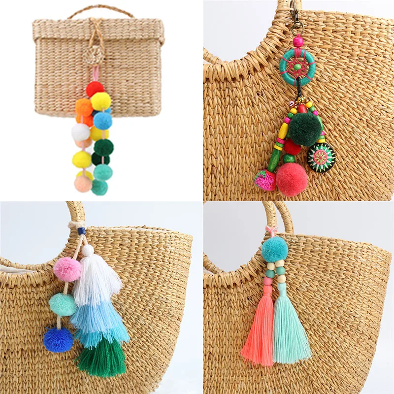 RE Boho ювелирные изделия ручной работы сумка подвеска кисточкой Pom pom брелок для ключей помпон Цепочки Кольца Для Ключей женские амулеты аксессуары подарок S0530