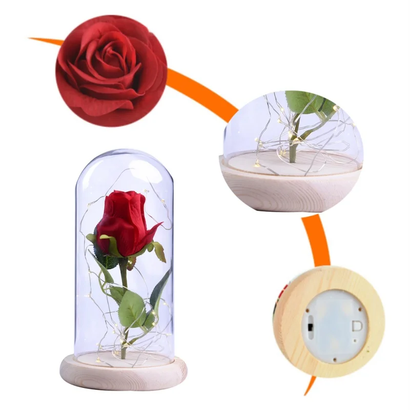 

LED Light Beauty And The Beast Red Rose In A Glass Dome On A Wooden Base For Valentine's Gifts Silk Artificial Rose Flower