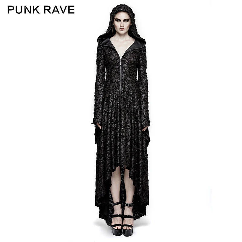 Женское готическое платье с капюшоном черное в стиле панк рейва средней длины
