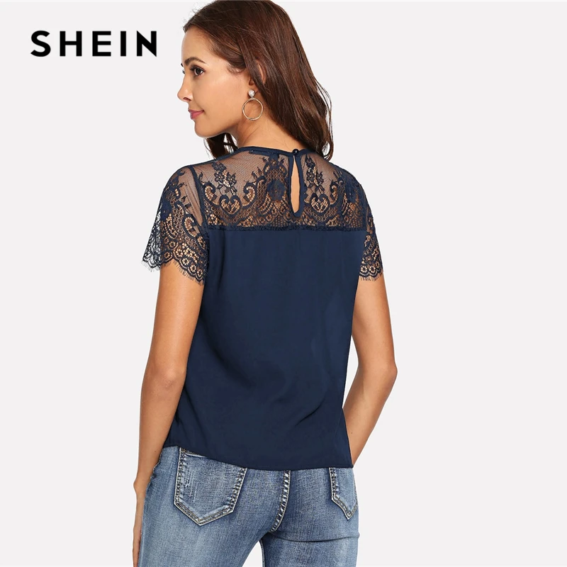 SHEIN Блузка С Кружевным Рукавом И Бантом Стильная Блузка С Кружевной Отделкой