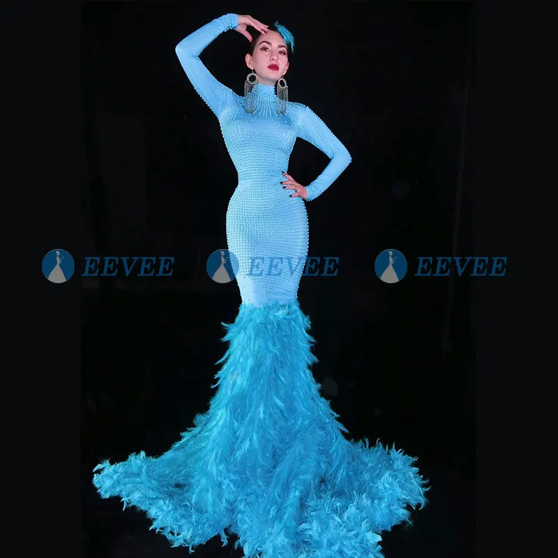 

Blue full beads Dress Stage Wear Big Stretch drag queen dress Singer Evening Performance Feather long tail dress