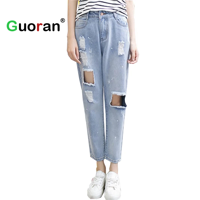 {Guoran} дружок свободные джинсы Брюки для девочек Для женщин Новинка 2017 года мыть