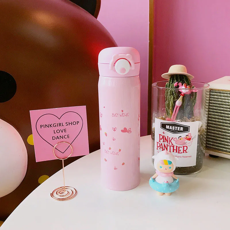 Pink Strawberry500ml Boxi портативный мультфильм термо кружка из нержавеющей стали дети бутылки воды милый Единорог большой емкости путешествия на открытом воздухе чашка для питьевой воды - Цвет: Pink Strawberry500ml