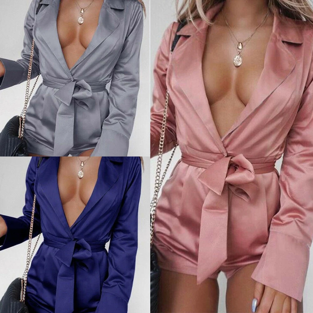 Plus Size Summer Chiffon Bodysuit Women Harajuku Long Sleeve Deep V-Neck Blouse Playsuit Bow Lace Up Rompers Jumpsuit Overalls | Женская